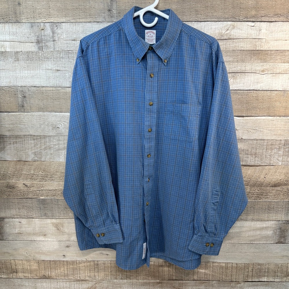 Brooks‎ Brothers  Polo Shirt XL Blue Micro Check Button Down 80 Cotton 20 Wool